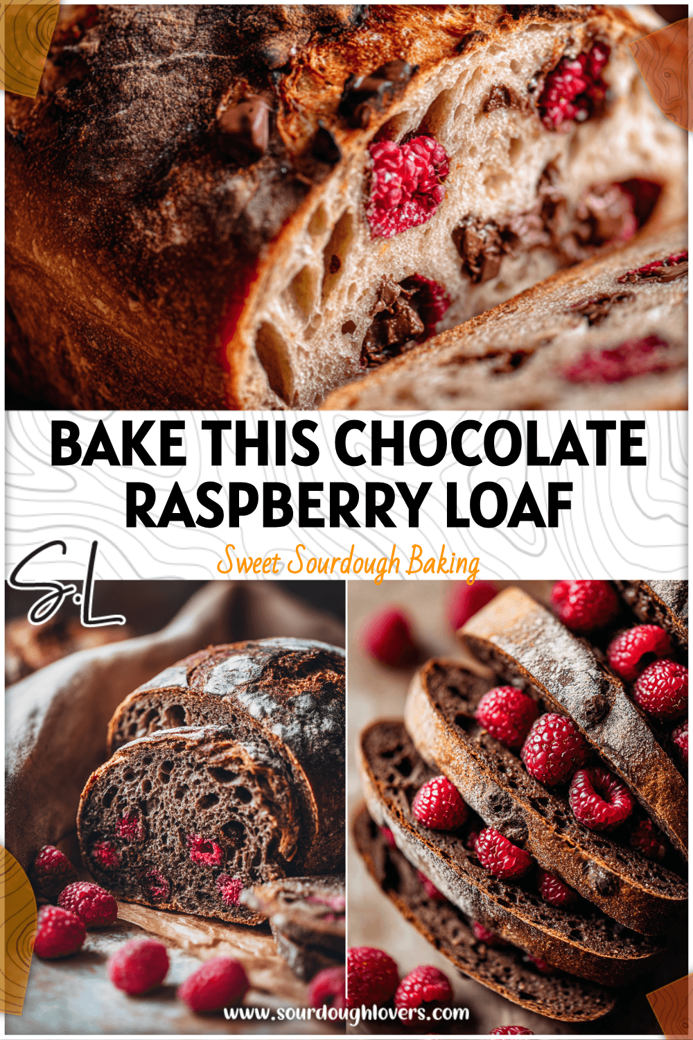 Close-up of a sliced Double Chocolate Sourdough Loaf with raspberries showing artisan bread texture and rustic crust. 26